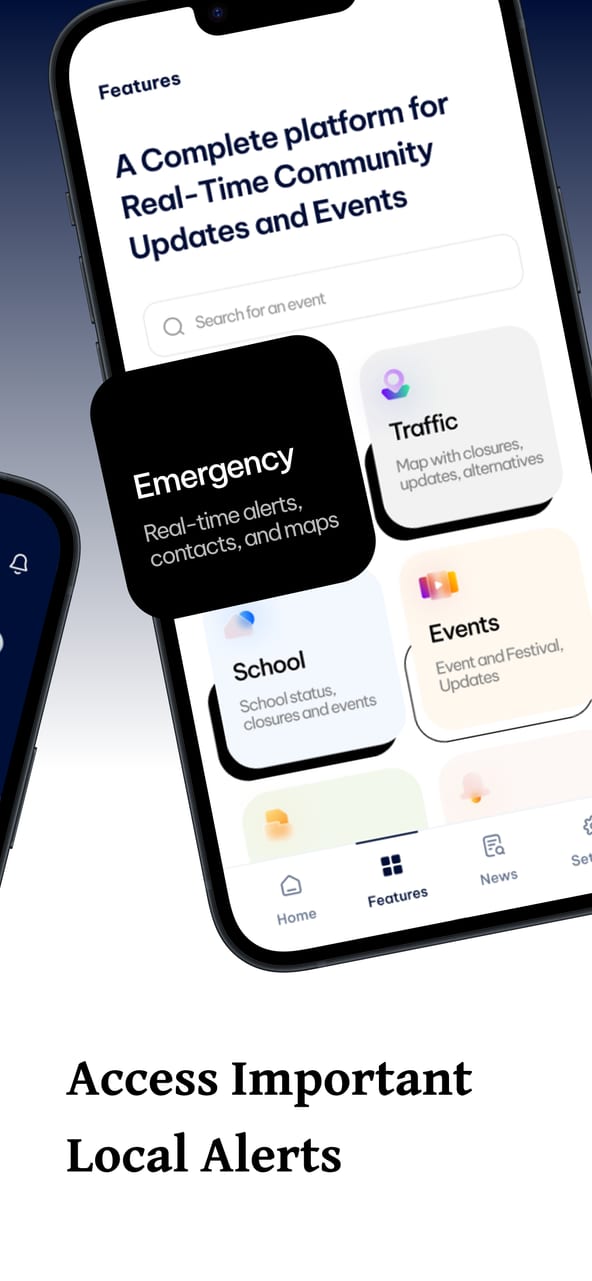 Our Town public interface showing community alerts and feature categories