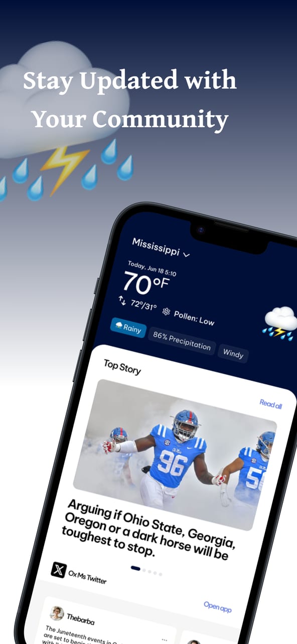 Our Town public interface showing local weather and a top story