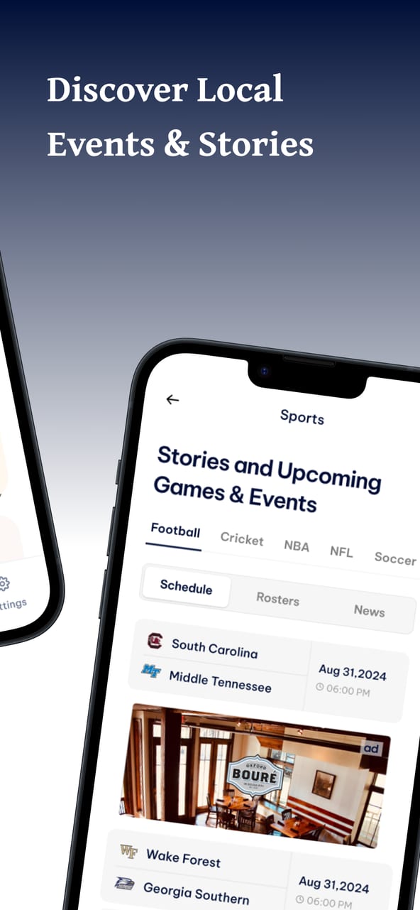 Our Town public interface showing local sports stories and schedules