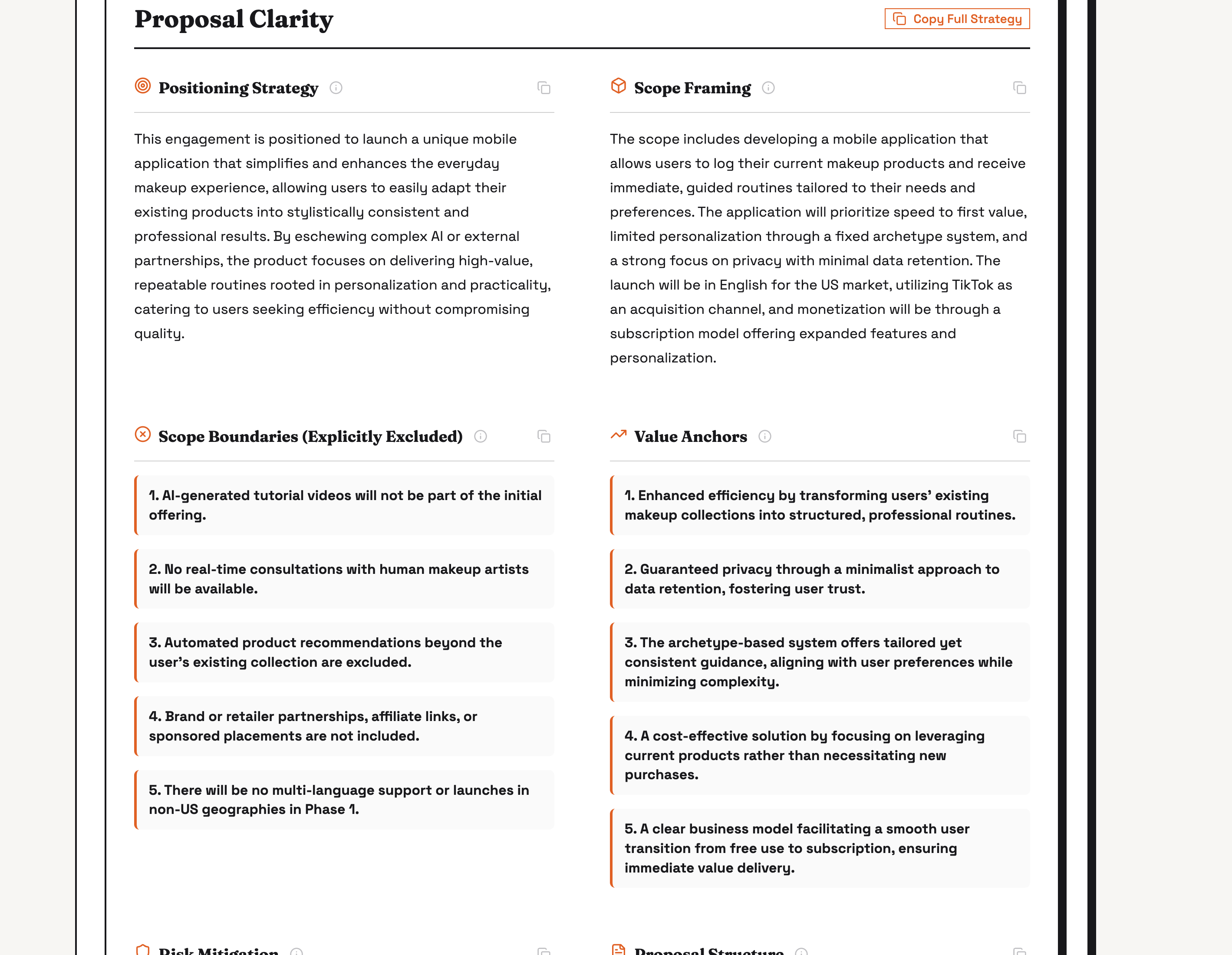 DealMind Proposal Mode internal test scenario with positioning, scope, exclusions, value anchors, and risk mitigation