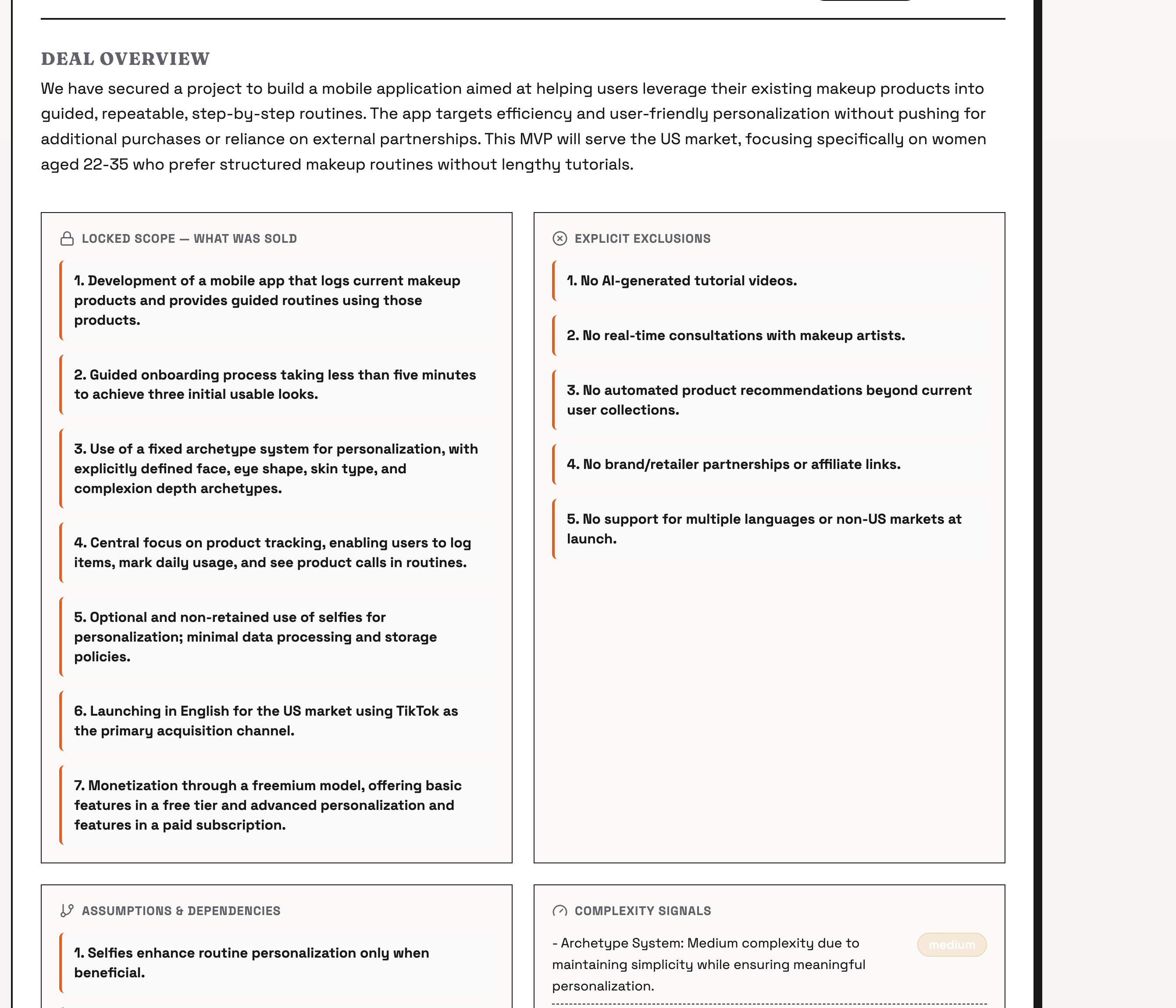 DealMind internal handoff test scenario showing deal overview, locked scope, exclusions, assumptions, and complexity signals