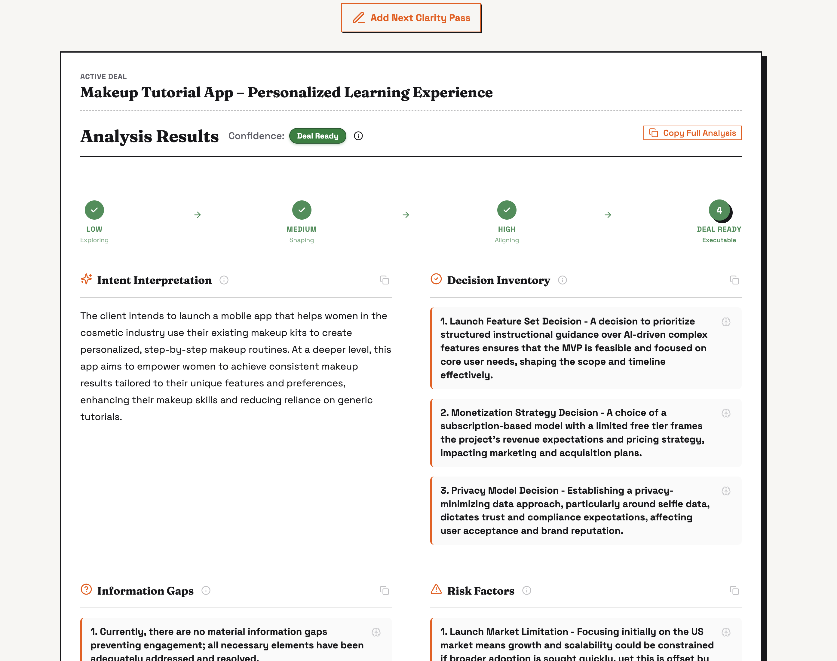 DealMind internal test scenario showing Deal Ready confidence after successive clarity passes