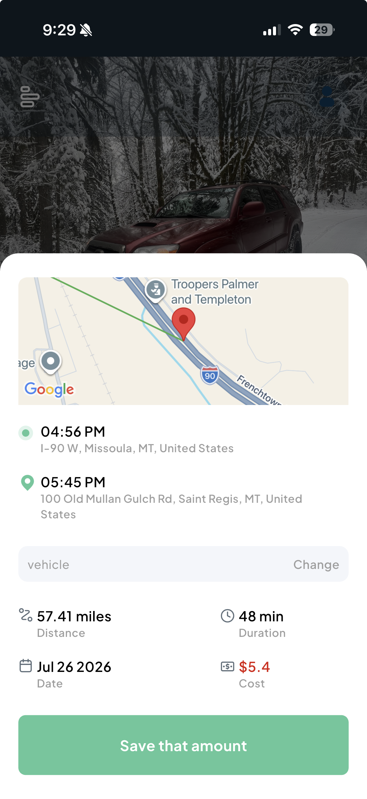 DriveSave trip screen showing route context, start and end locations, 57.41 miles, 48 minutes, a $5.4 vehicle cost estimate, and Save that amount
