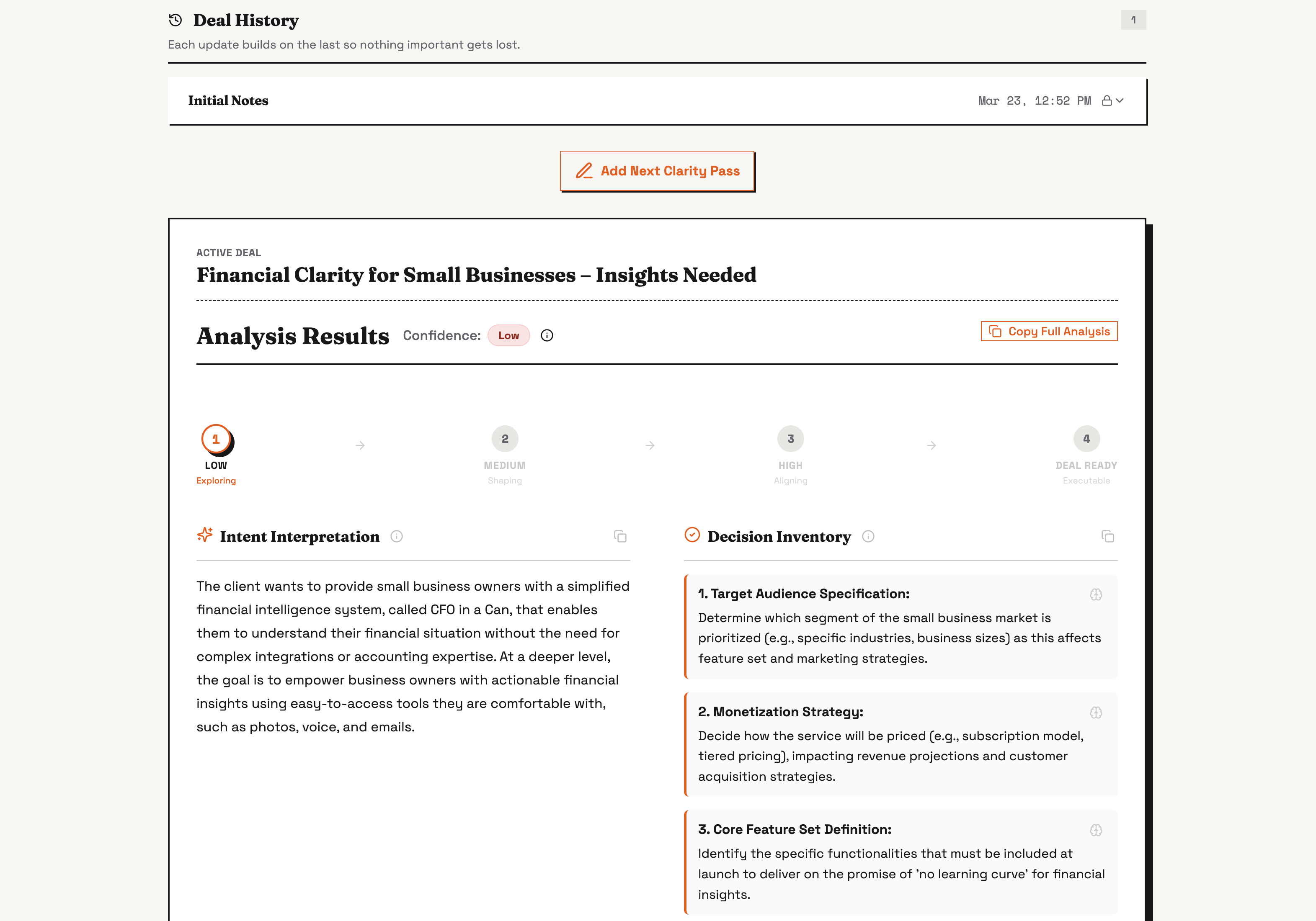 DealMind internal test scenario showing intent, decisions, gaps, risks, and Low confidence